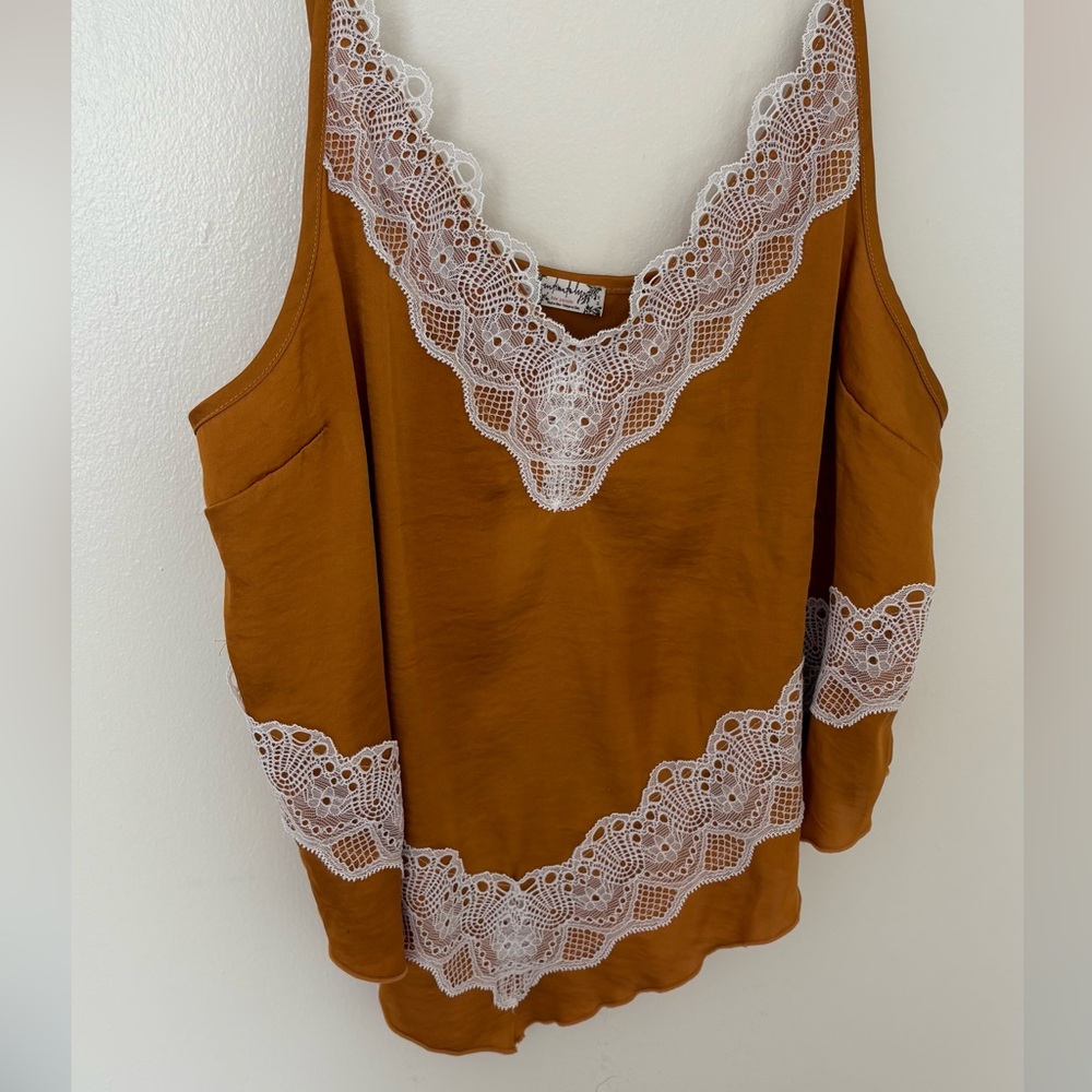 Free People Tan Camisole with White Lace Trim